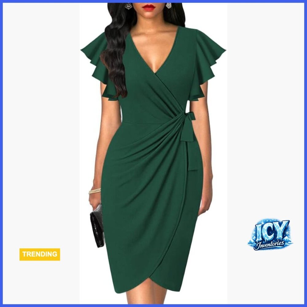 Deep V Neck Ruffle Sleeve Sheath Faux Wrap Dress